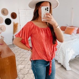 Elan Coral Red Tie Front Ruffle Sleeve Top • Size Large